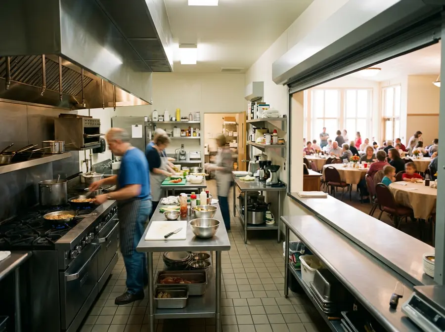 A church fellowship hall kitchen with a commercial range and serving window
