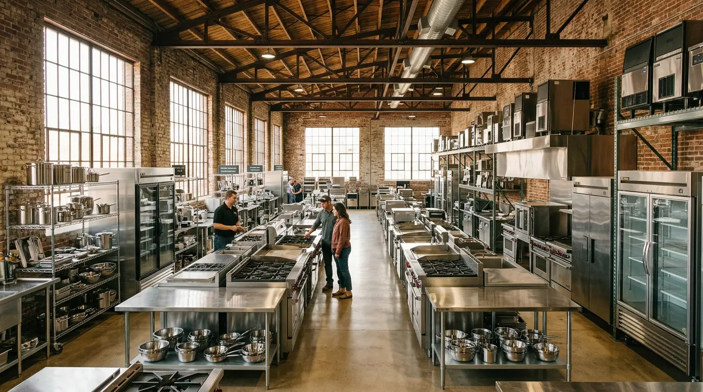 Showroom floor with stainless steel ranges and refrigeration