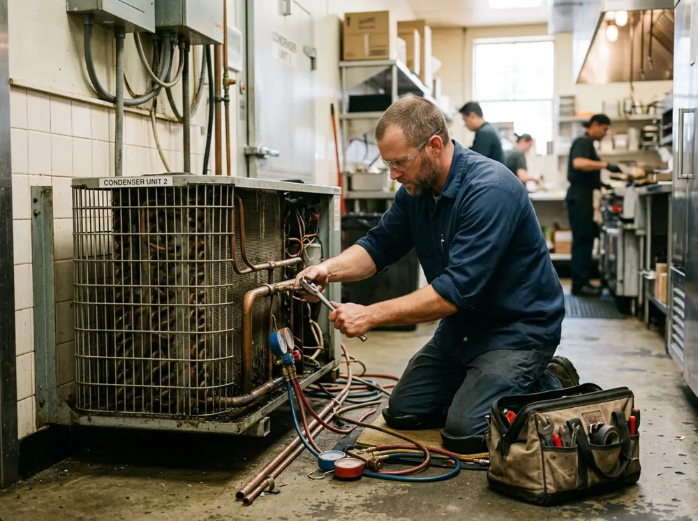 A Fort Smith Restaurant Supply technician repairing a walk-in cooler condenser